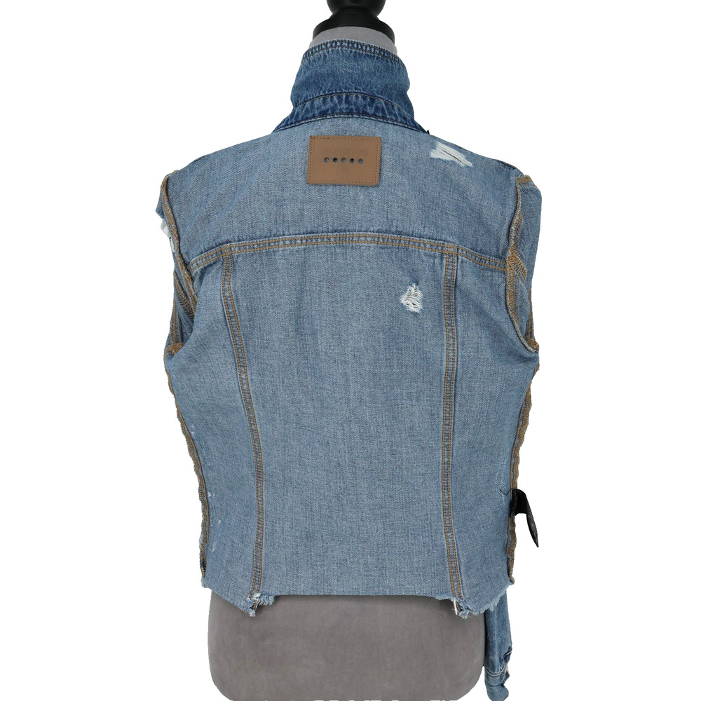 Blank NYC Jean Jacket Womens XS Blue Cotton Denim Raw Hem Distressed FLAW - Picture 12 of 16